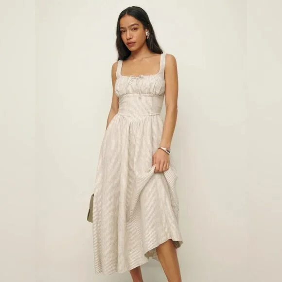 Reformation Balia Linen Midi Dress in Sandy Stripe | size 0 - Picture 1 of 10